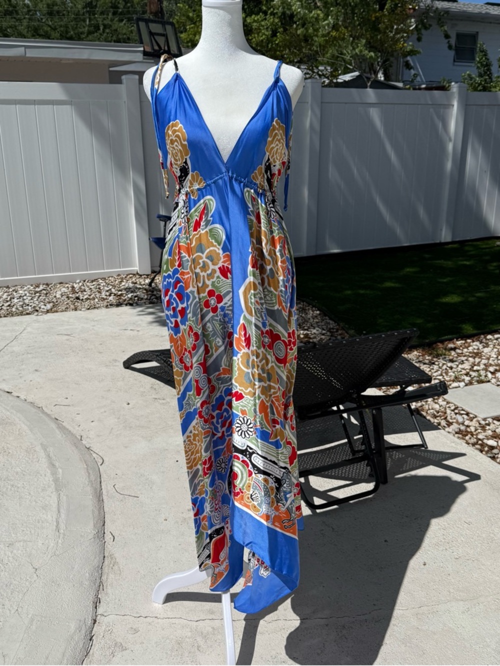 Advance Apparels 100% Silk Royal Blue Floral V-Neck Maxi Dress Size Small - Picture 2 of 10